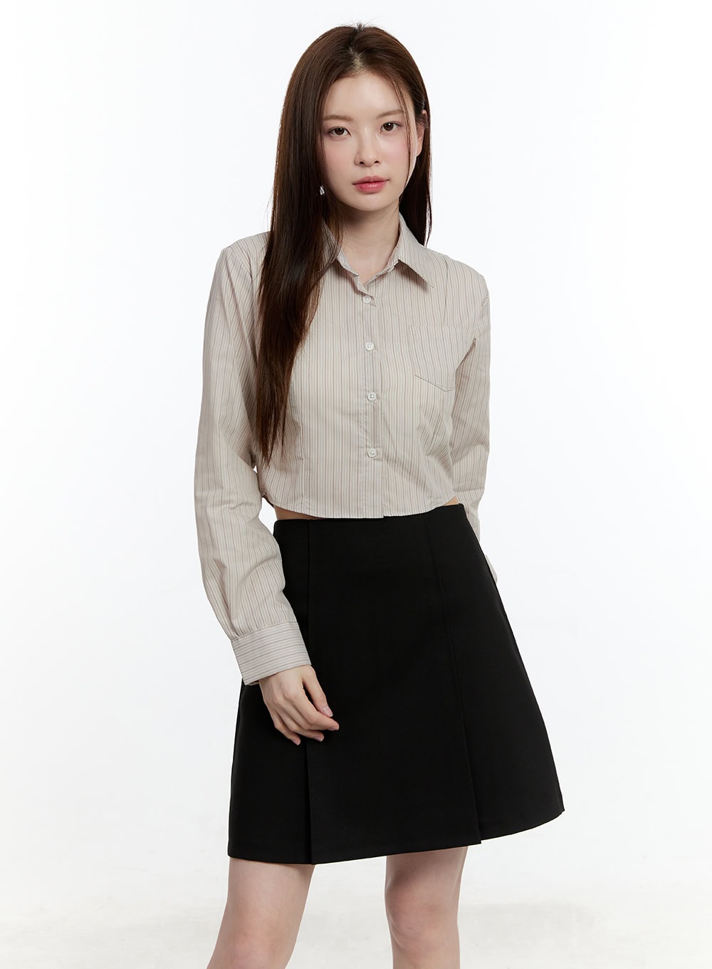 Striped Cropped Button-Up Shirt CM521