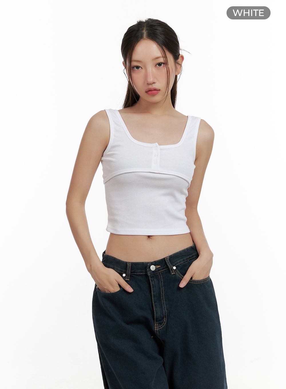 Square Neck Buttoned Crop Tank Top CL431