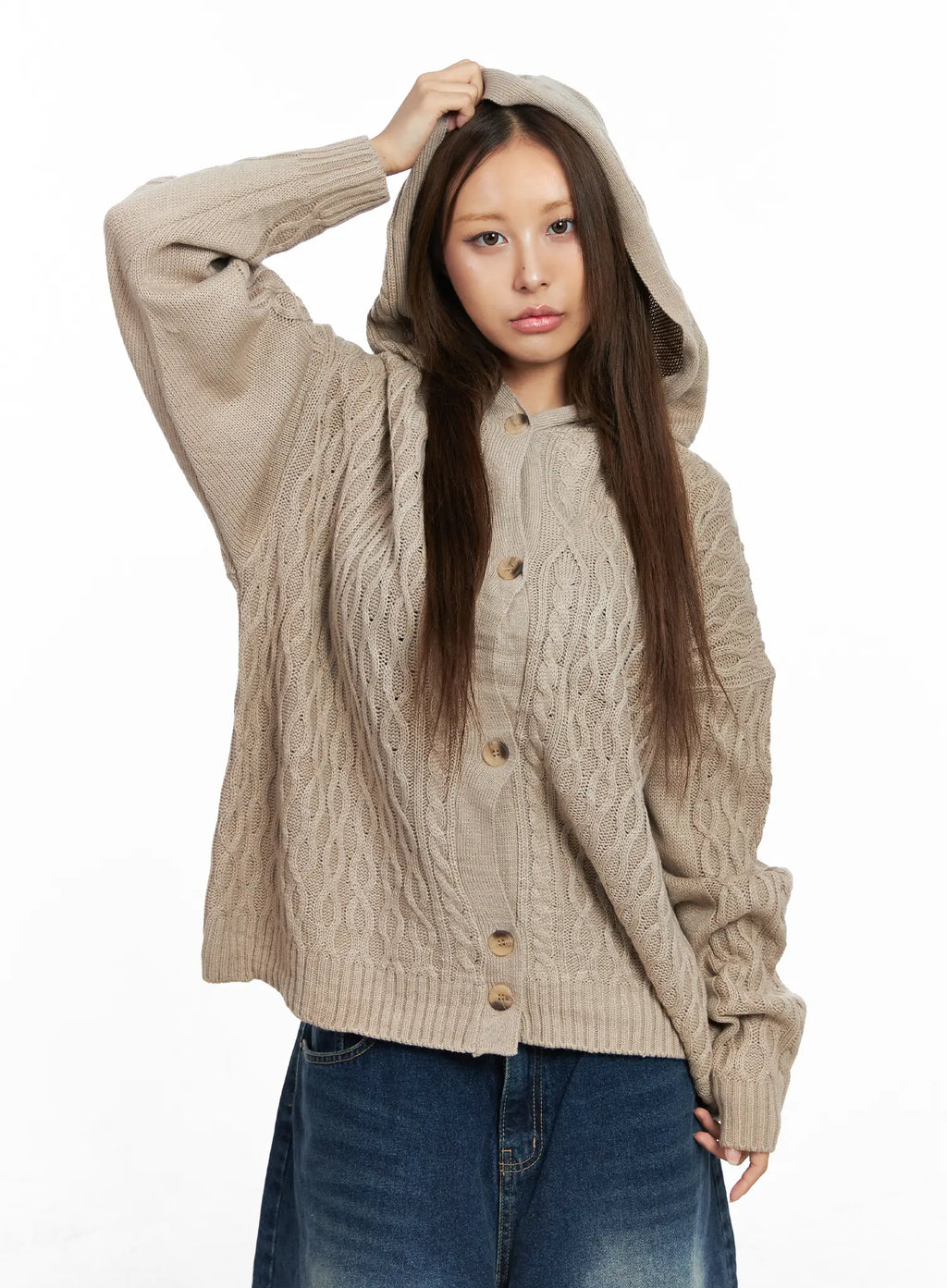 Oversized Cable Knit Button-Up Hoodie CO510