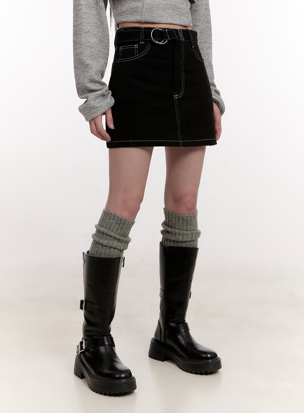 Buckle Stitched Denim Mini Skirt CJ529