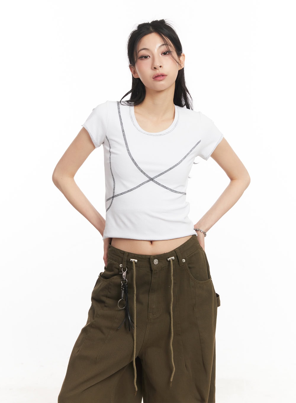 Contrast-Stitch Crop Tee CA514