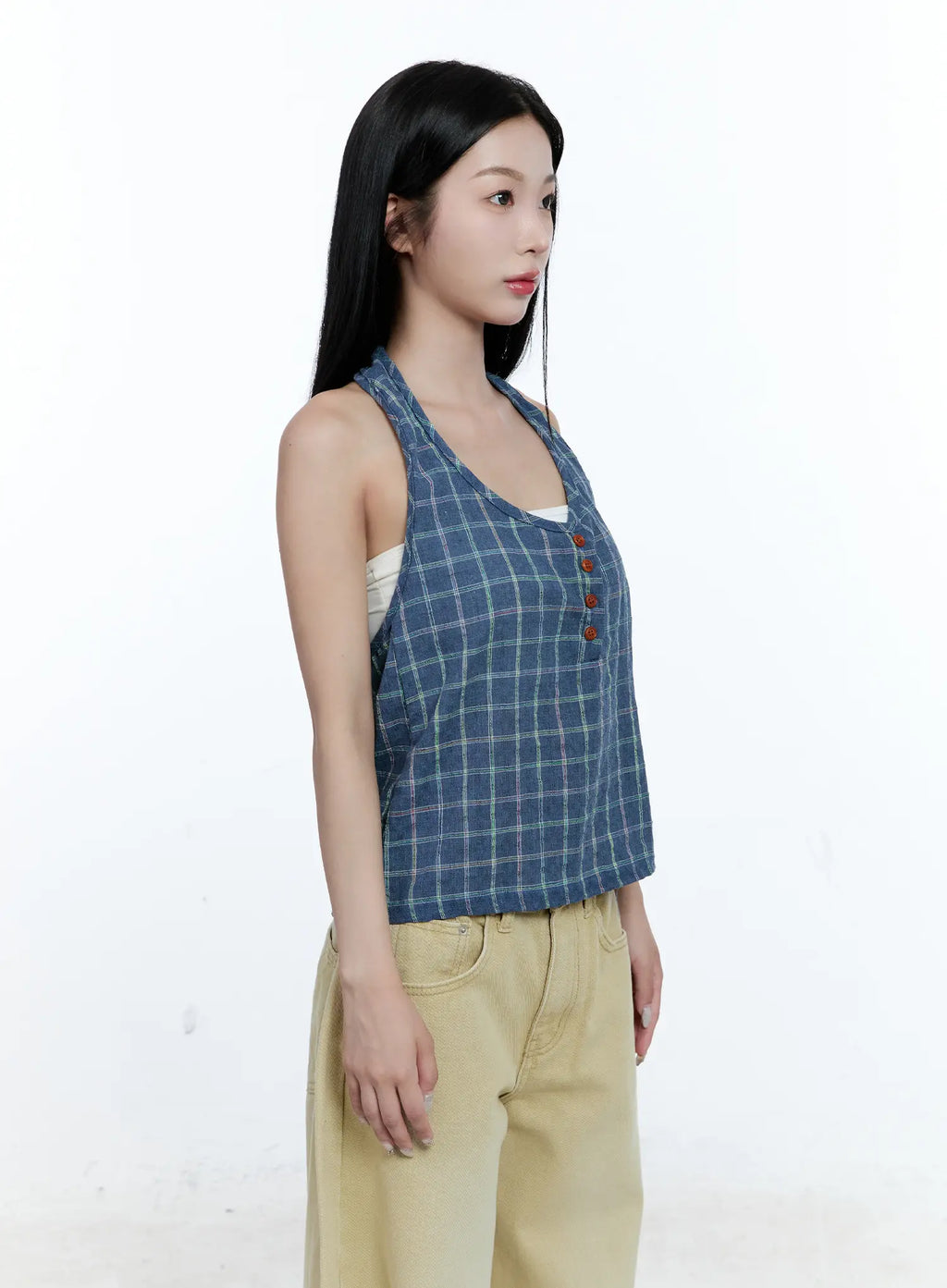 Plaid Button Halter Top CG507