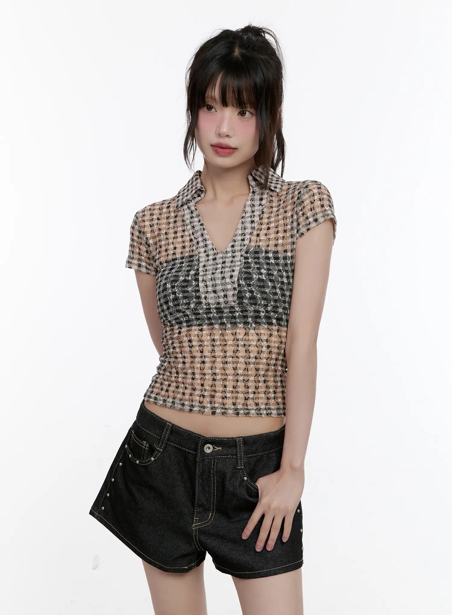 Sheer Checked Collar Tee CL504