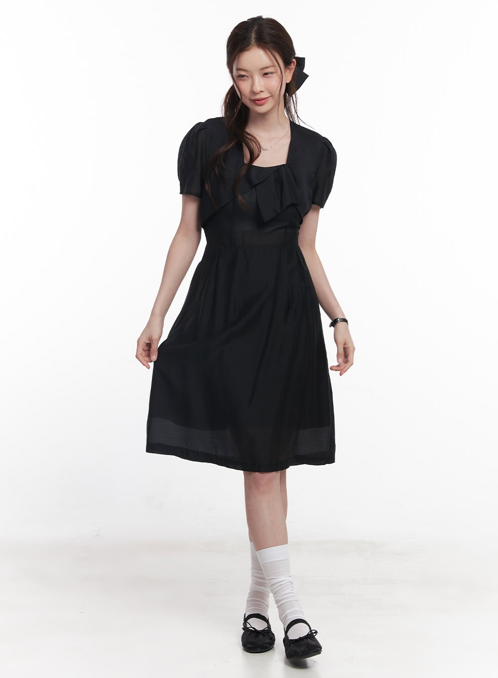 Puff-Sleeve Square Neck Midi Dress CY519