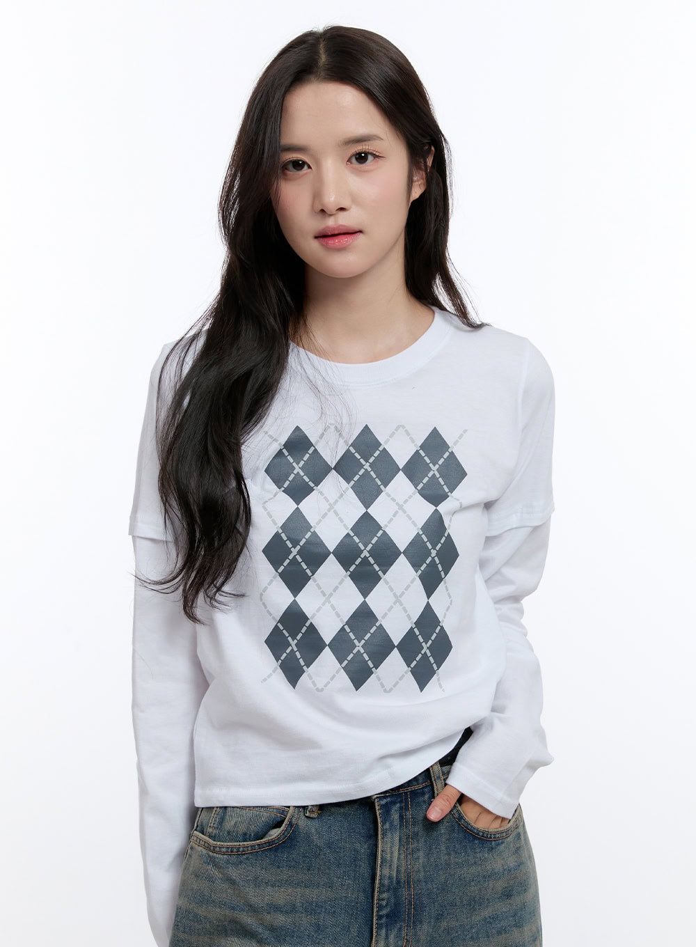 Argyle Print Long Sleeve Top ON418