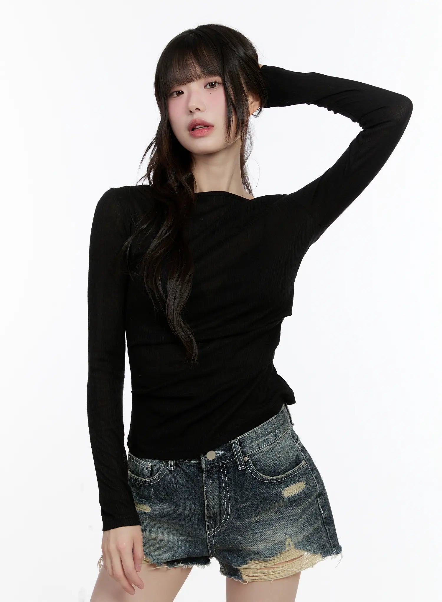 Boat-Neck Sheer Long-Sleeve Top CL507