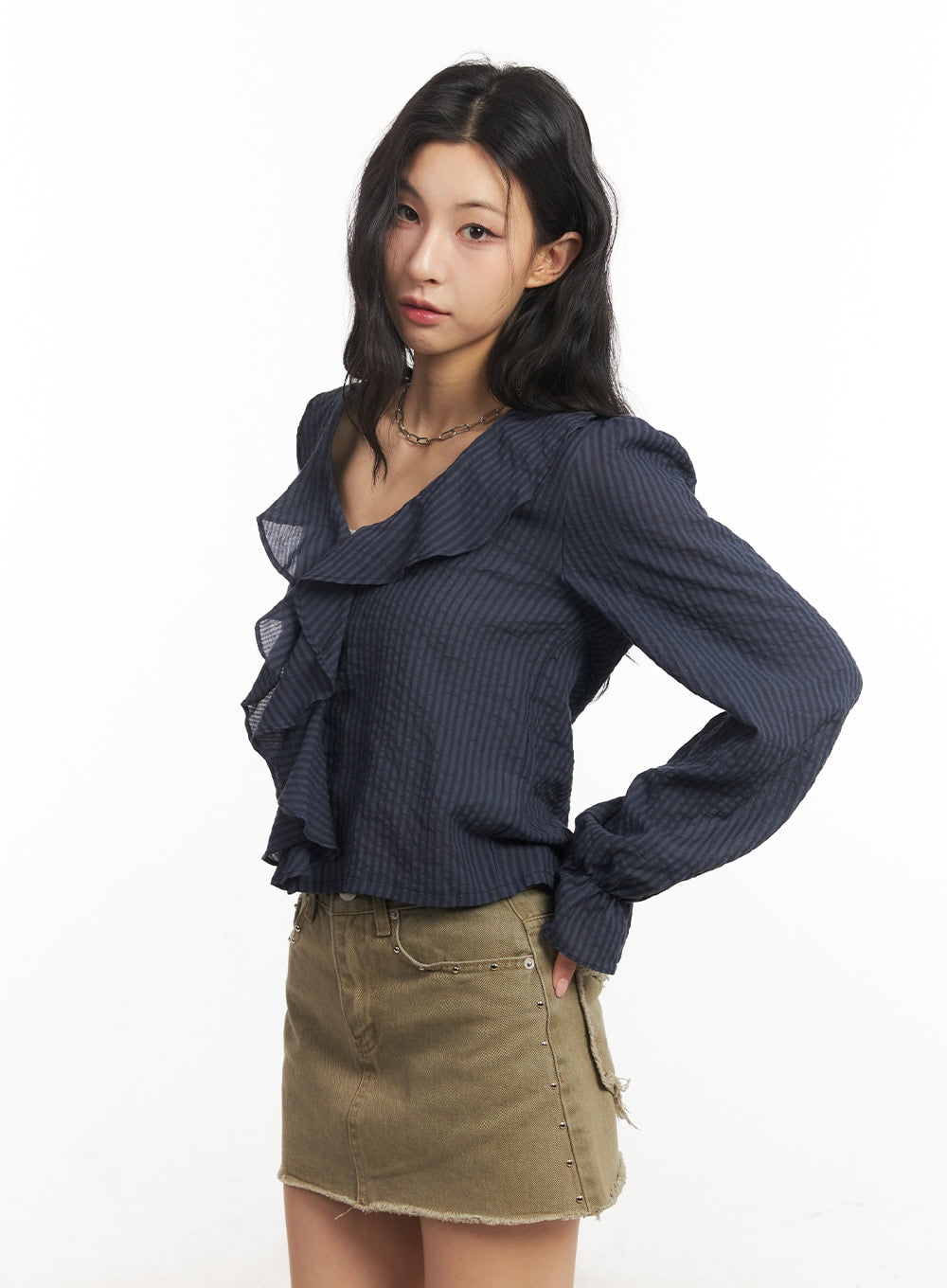 Ruffle V-Neck Stripe Blouse Top CA503