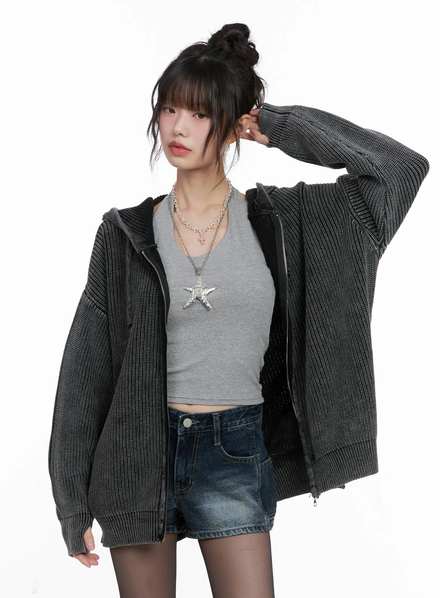 Chunky Washed Knit Hoodie Zip-Up CG518