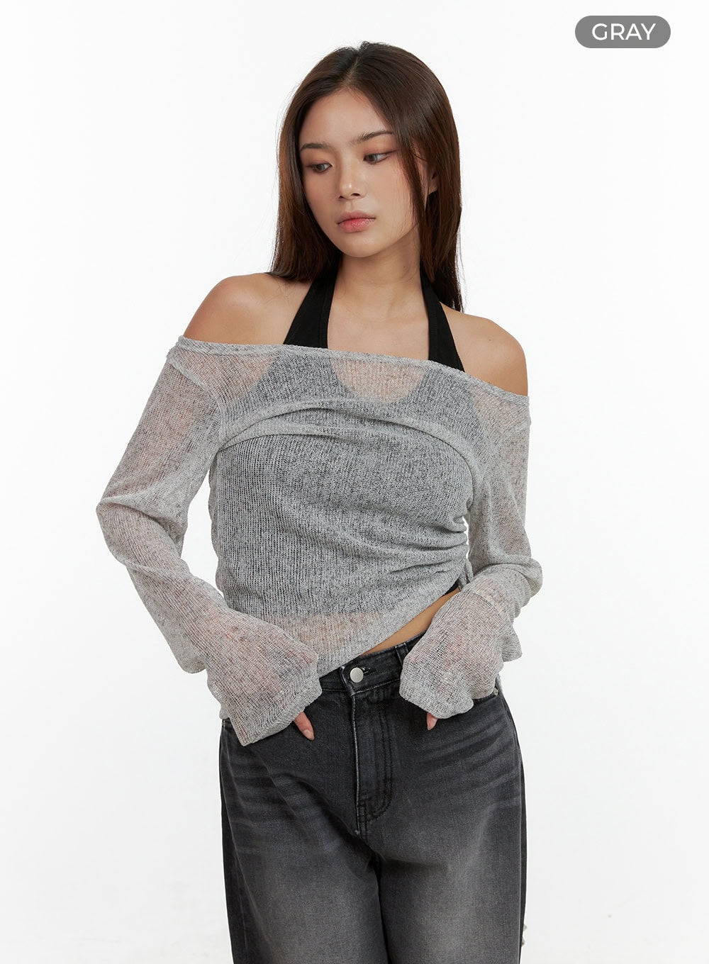 See-Through Off Shoulder Long Sleeve Top CL404