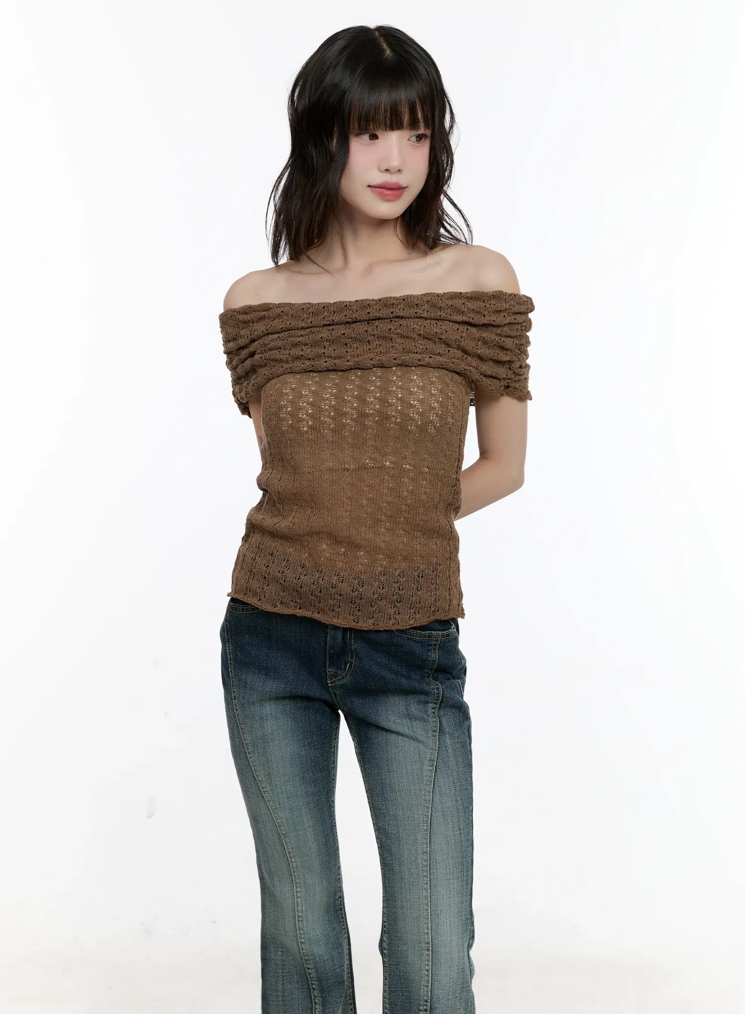 Shirred Off-Shoulder Knit Top CL504