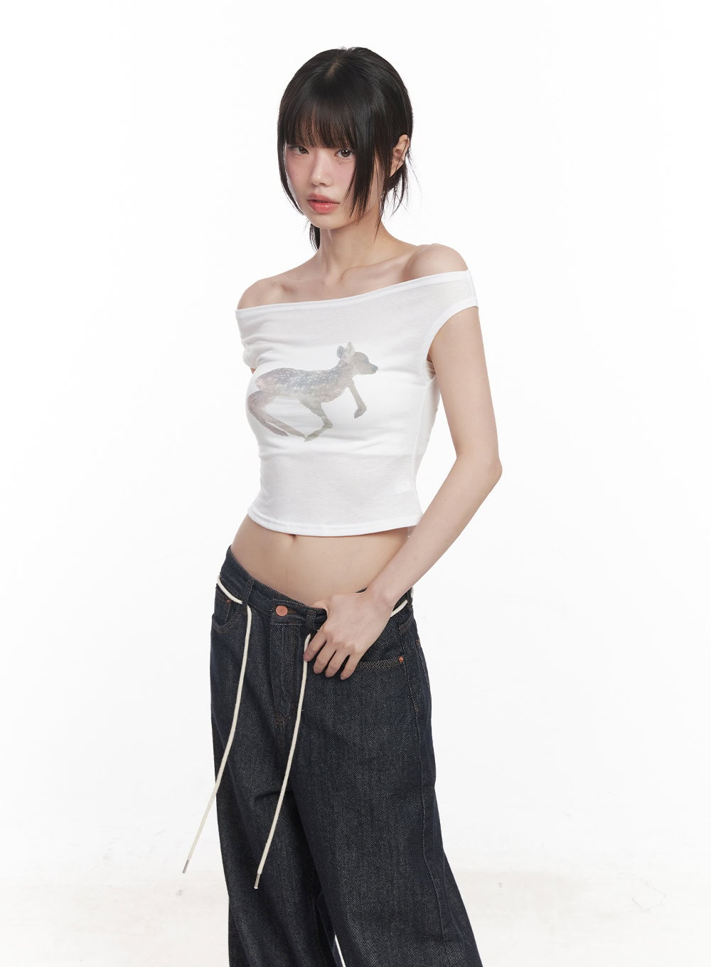 Cute Animal-Print  Graphic Off-Shoulder Crop Top CY521