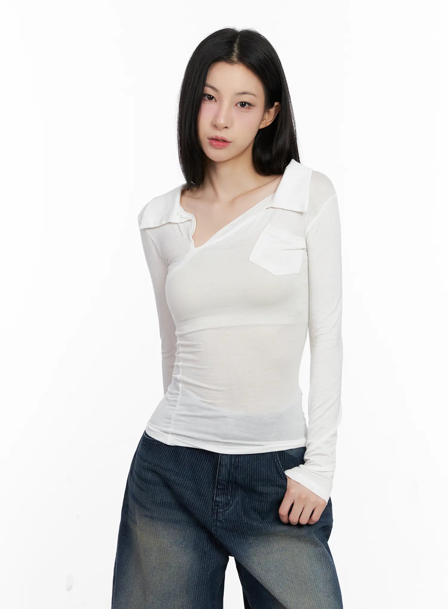 Asymmetrical Collar Slim Fit Long Sleeve Top CG526