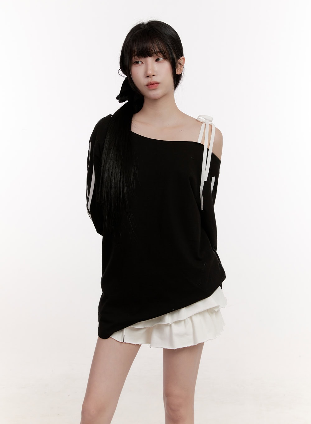Ribbon One-Shoulder Long-Sleeve Top CJ529