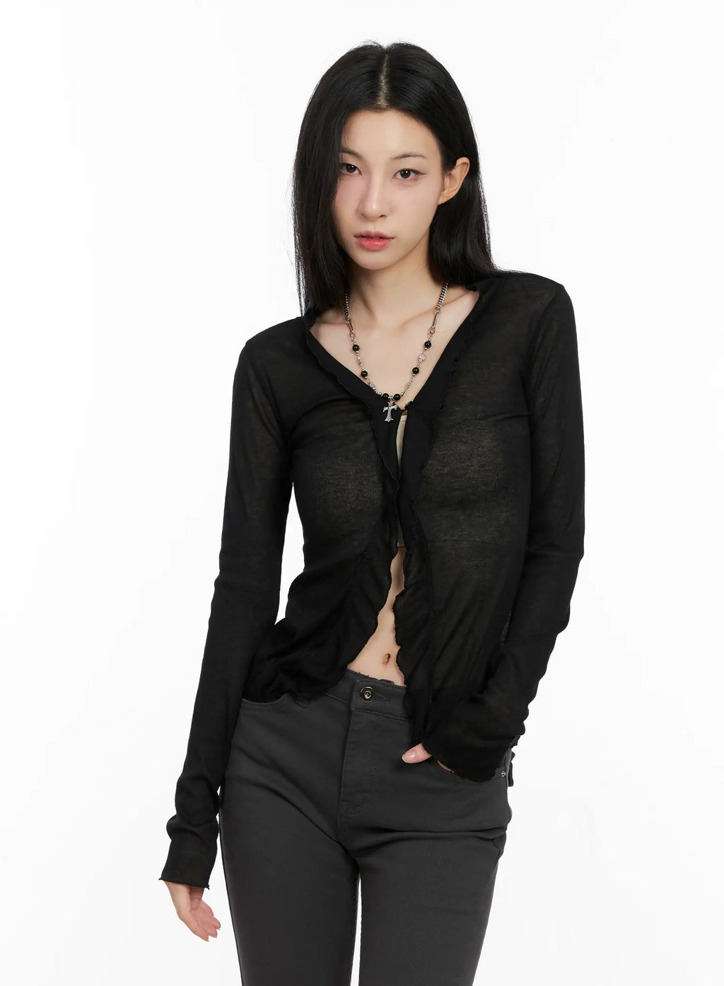 Sheer Ruffle Long Sleeve Cardigan CG522