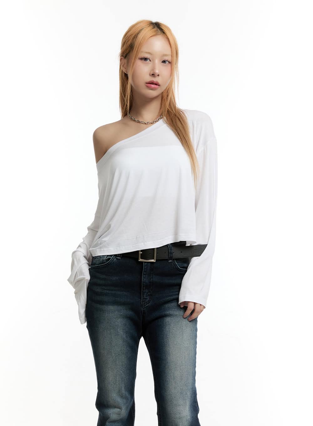 One-Shoulder Long-Sleeve Crop Top CY501
