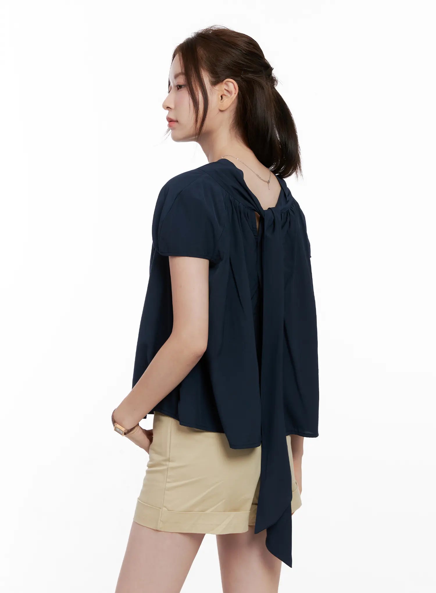 Shirred Ribbon Short-Sleeve Blouse CL523