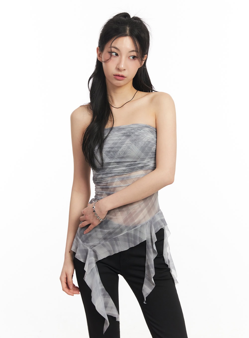 Sheer Plaid Ruffle Tube Top CA514