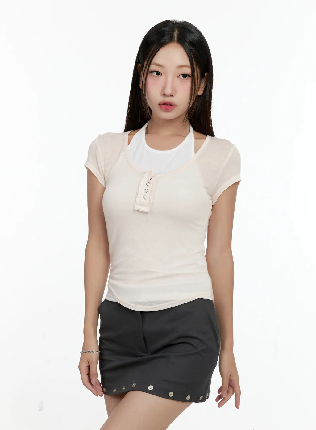 Sheer Short-Sleeve Snap Top CG501