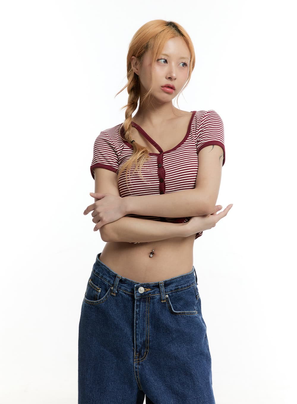 Stripe Buttoned Crop Top CY501