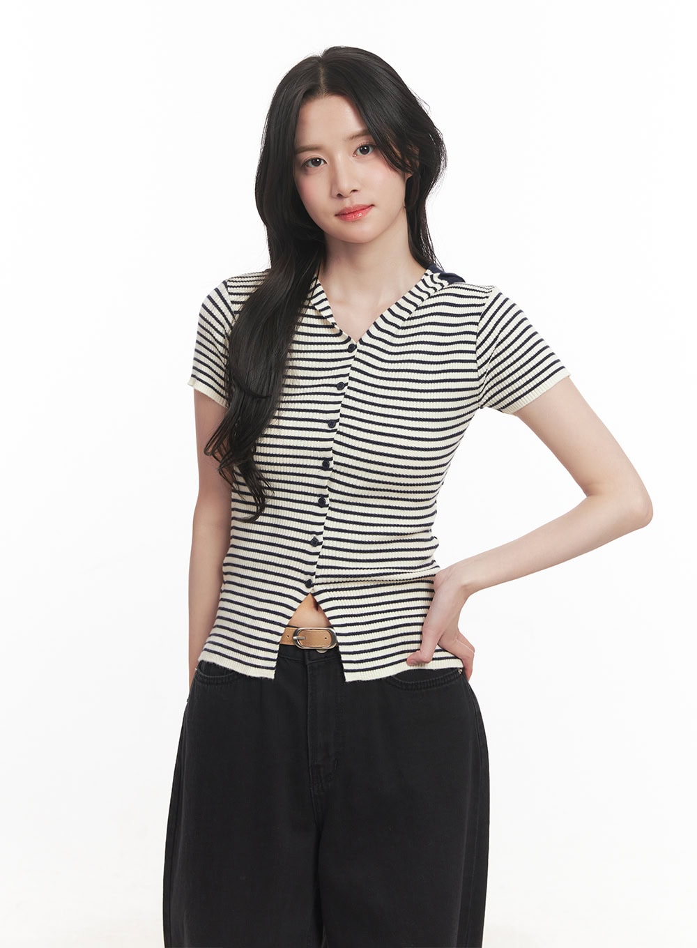 Stripe Buttoned Hooded Top CA511