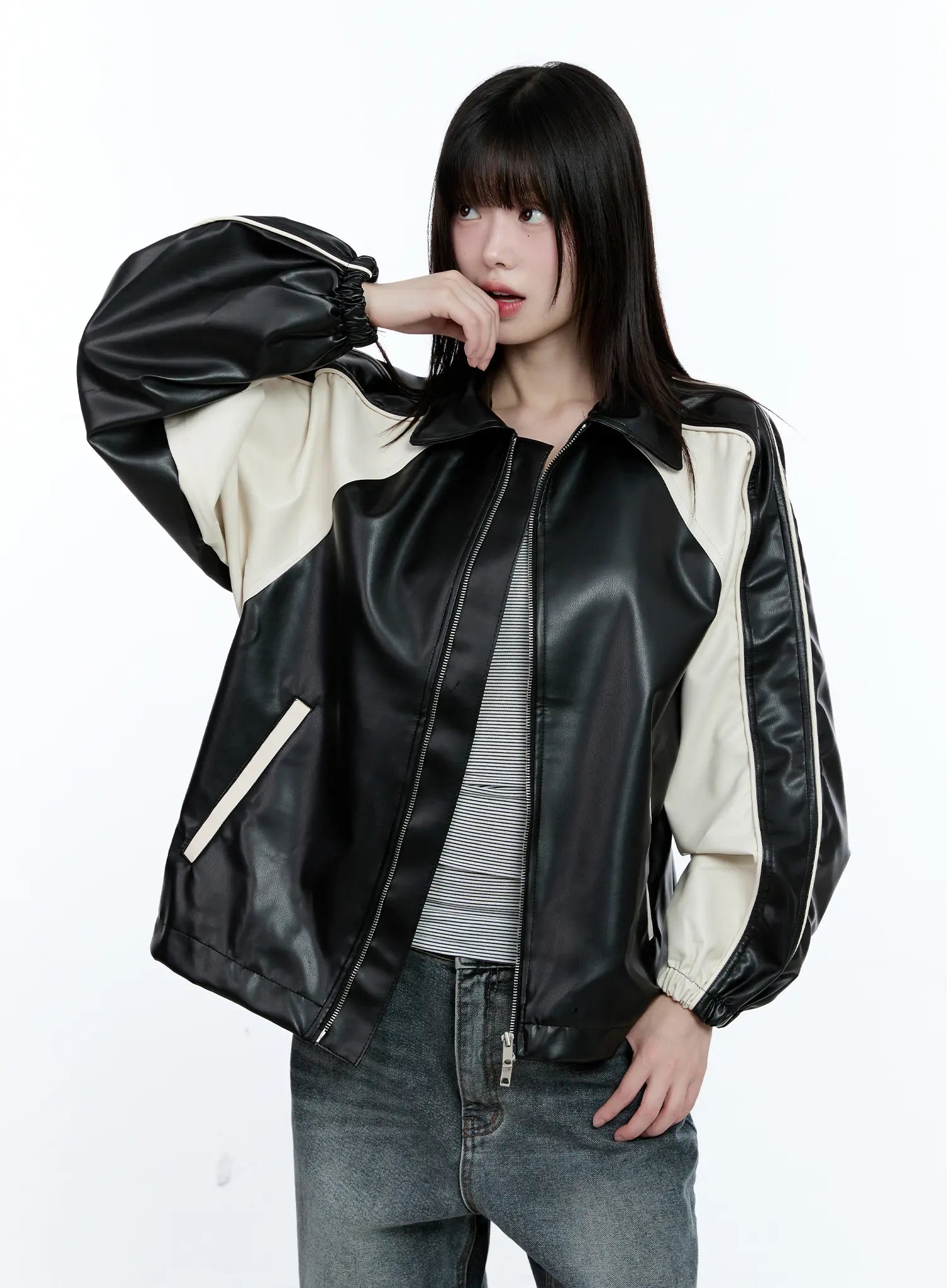Two-Tone Faux Leather Jacket CG511