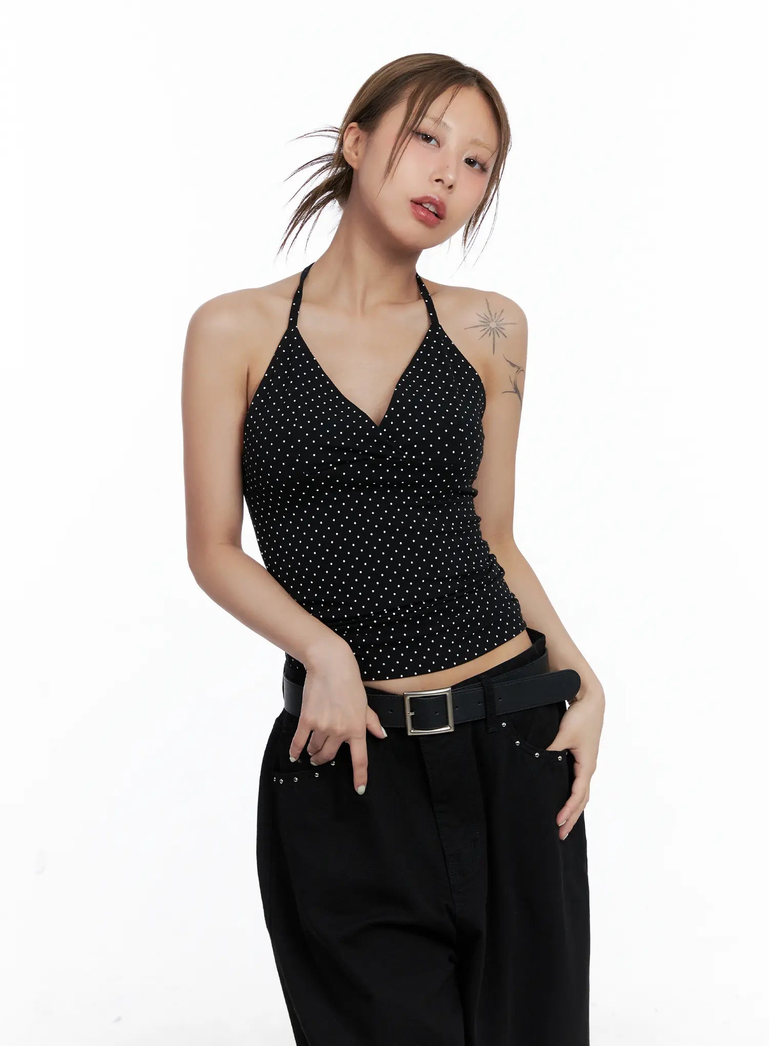 Polka Dot Halter V-Neck Sleeveless Top CL511