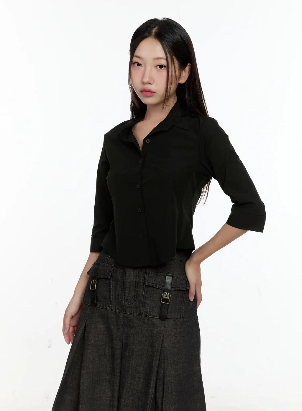 Chic Black Buttoned Half Sleeve Top CL531