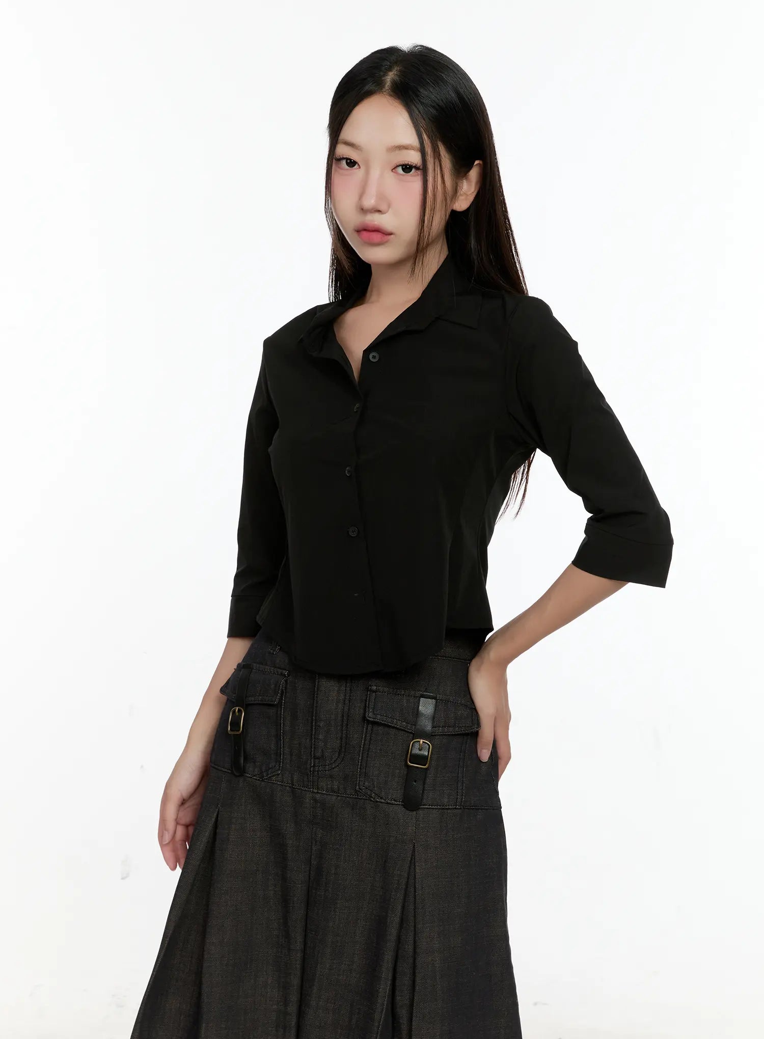 Chic Black Buttoned Half Sleeve Top CL531