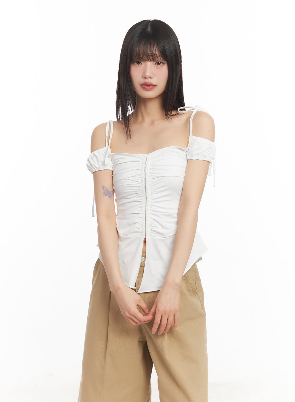 Shirred Off-Shoulder Puff-Sleeve Top CA523