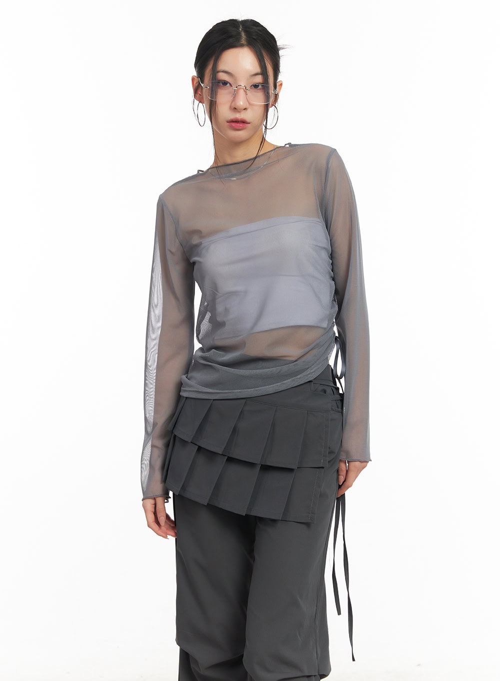 Sheer Shirring Ribbon Long-Sleeve Top CM503