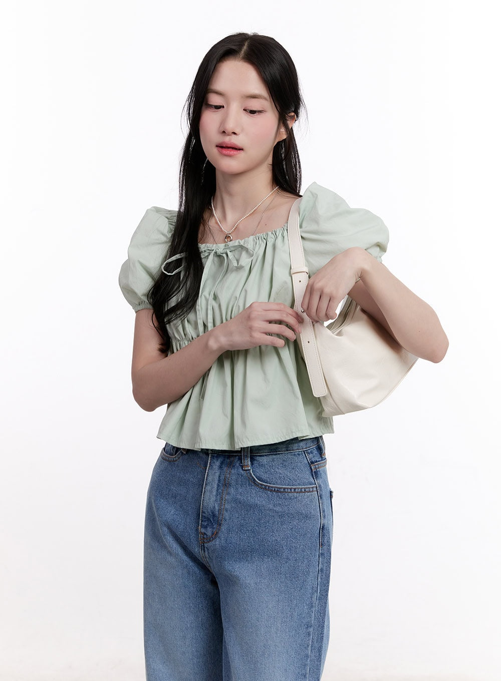 Ribbon Puff Sleeve Square Neck Top CM526