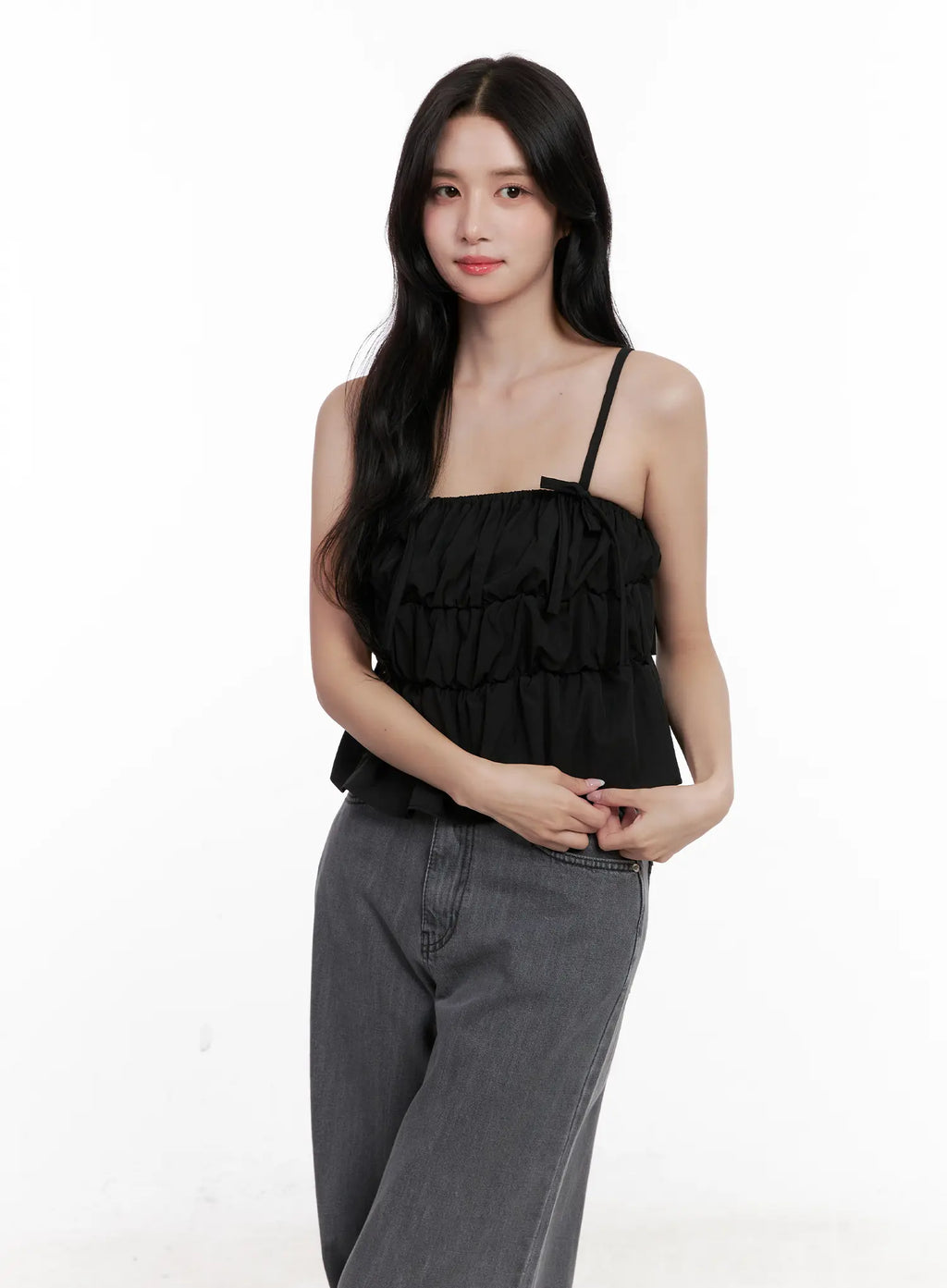 Ribbon Strap Ruffle Scrunch Tank CL516