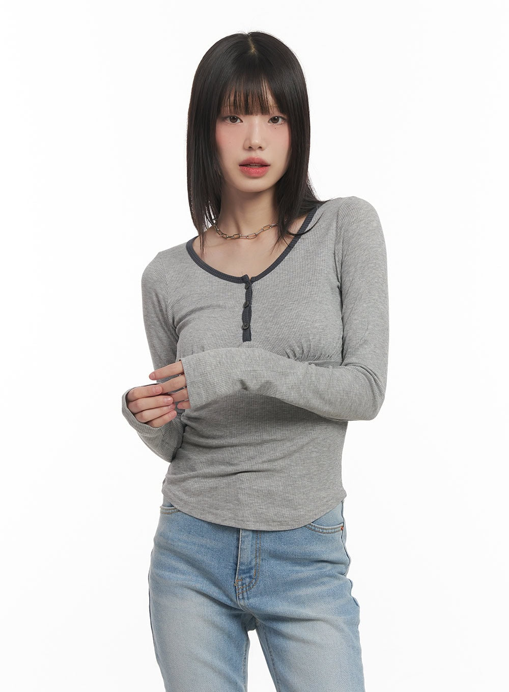 Shirred U-Neck Long-Sleeve Top CF519