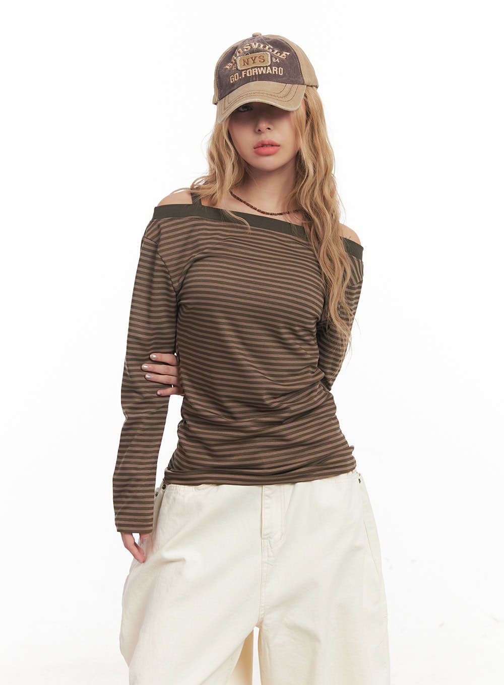 Striped Long-Sleeve Off-Shoulder Top CM506