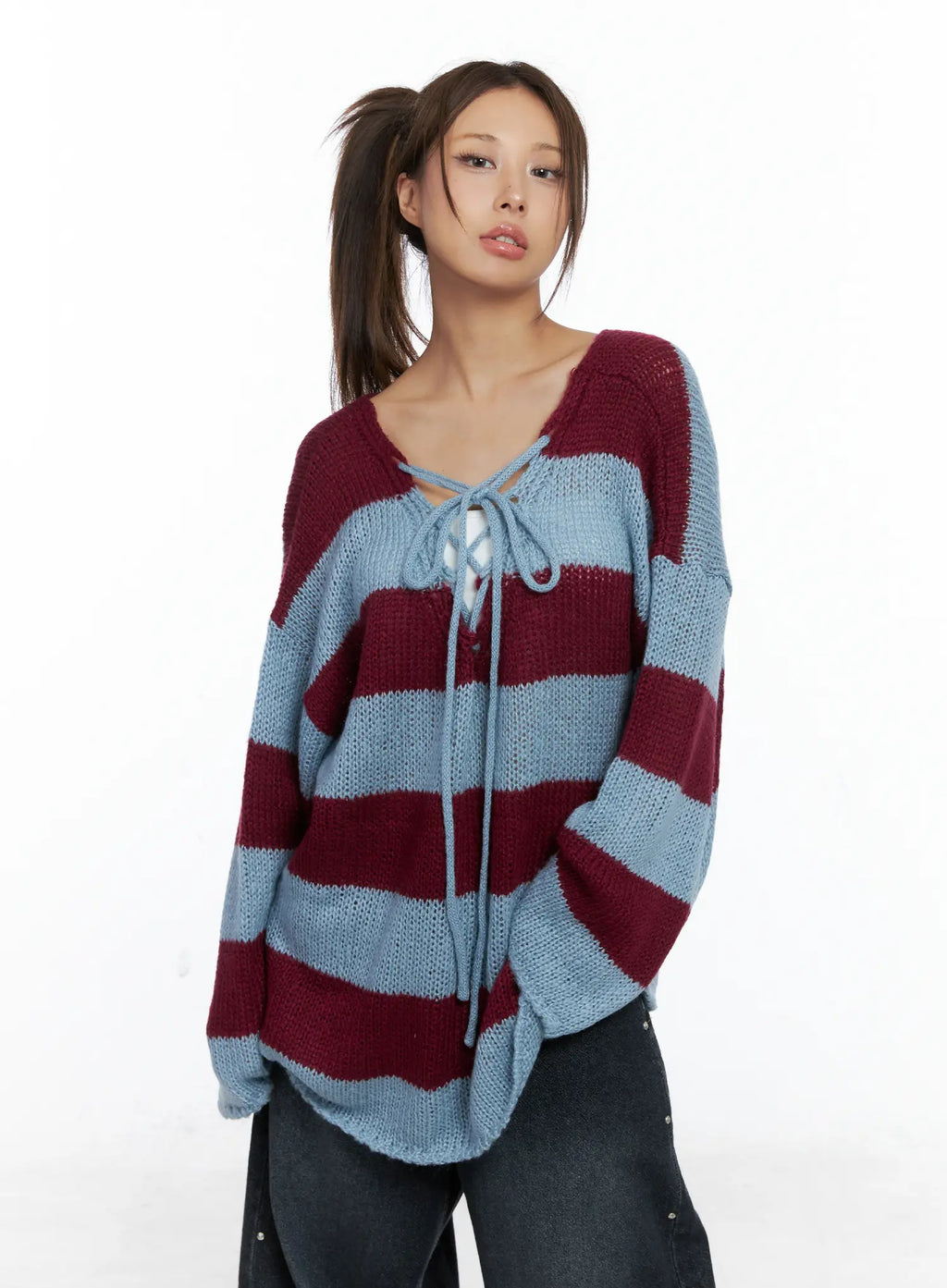 Striped Lace-Up Long-Sleeve Knit Top CS505