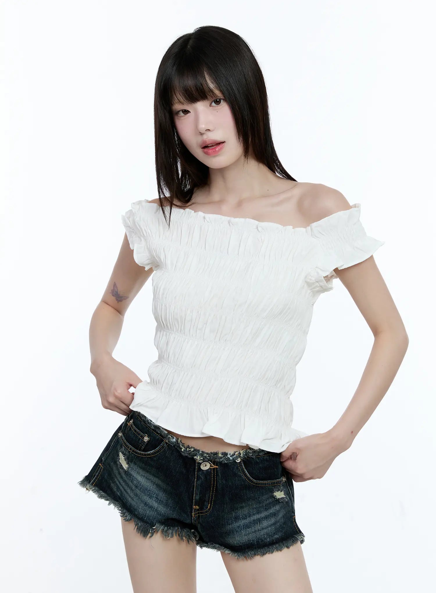 Asymmetric Shirred Off-Shoulder Top CG507