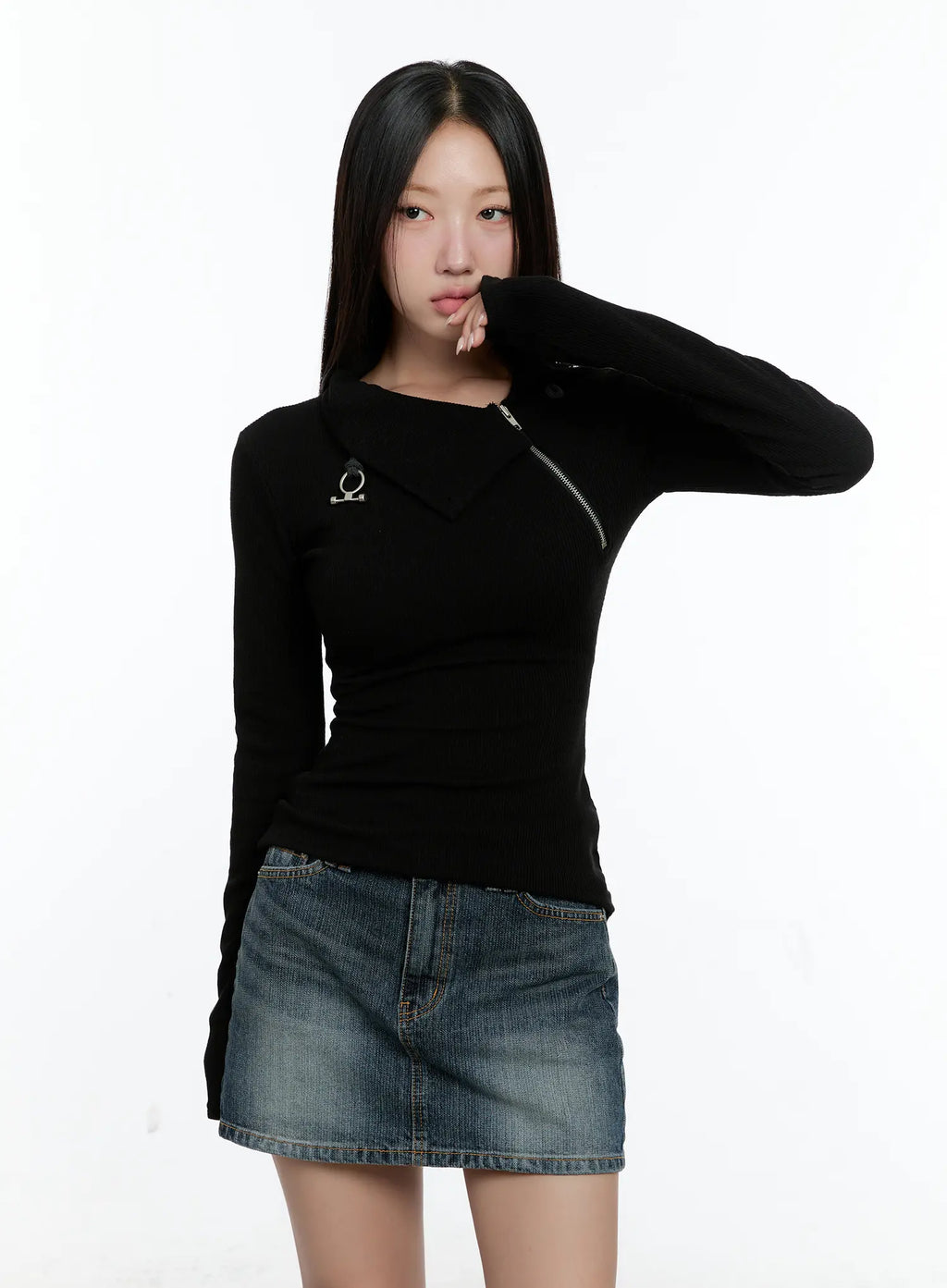 Zipper Detail Rib Knit Long Sleeve CS517
