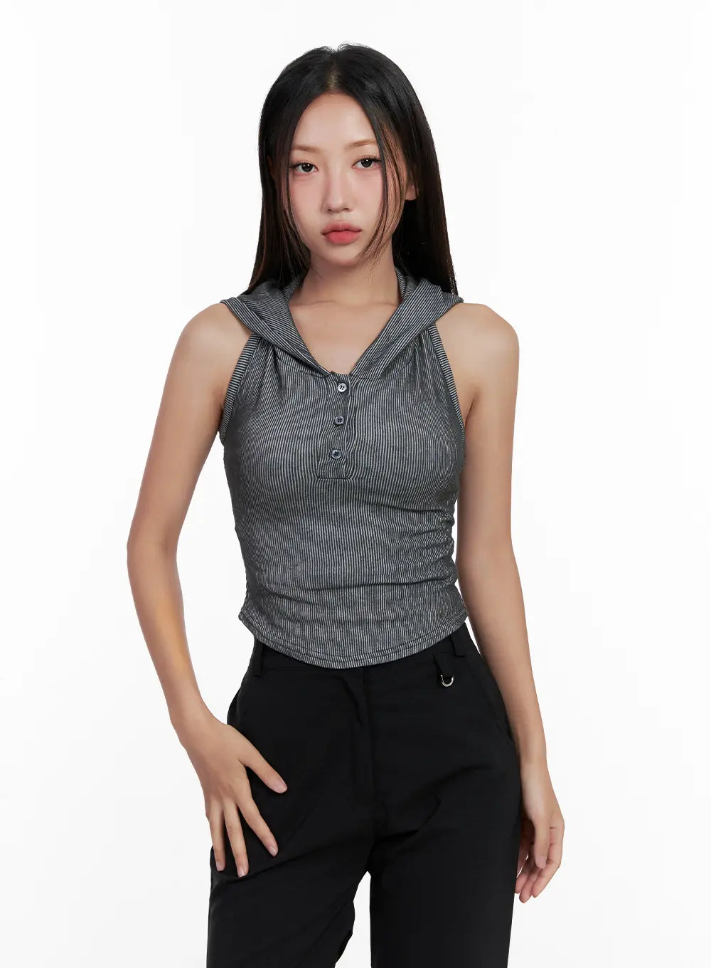 Ribbed Button Hoodie Crop Tank CL518