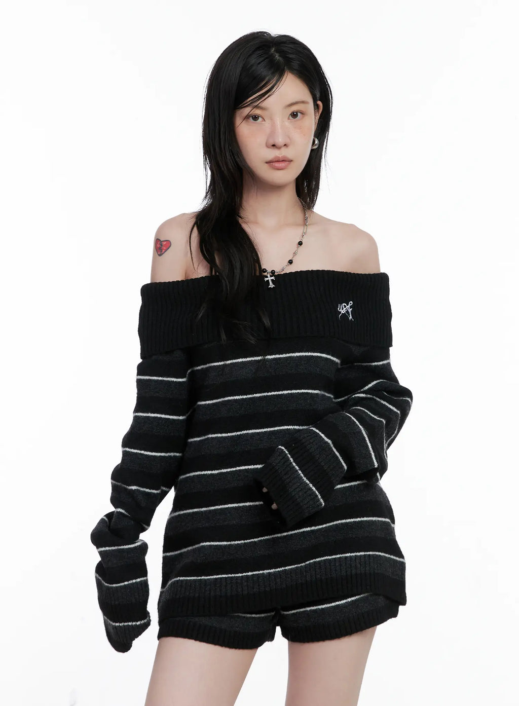 Striped Off-Shoulder Sweater and Shorts Set CS529