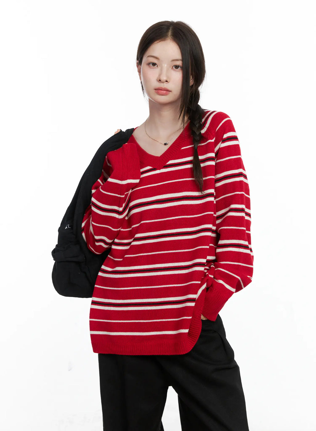 Oversized V-Neck Striped Knit Sweater CO503