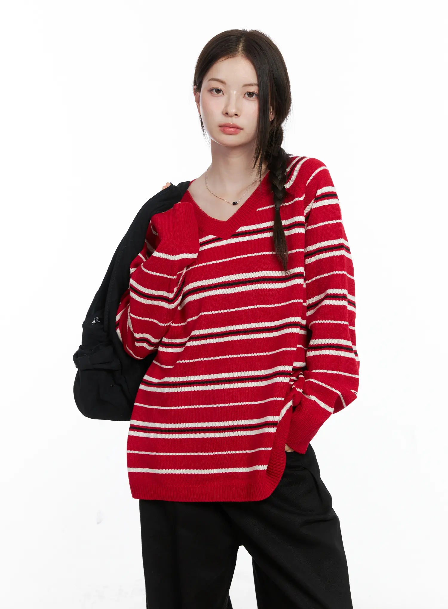 Oversized V-Neck Striped Knit Sweater CO503