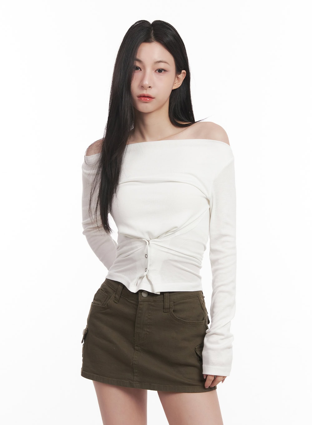 Buttoned Slim-Fit Off-Shoulder Top CM517