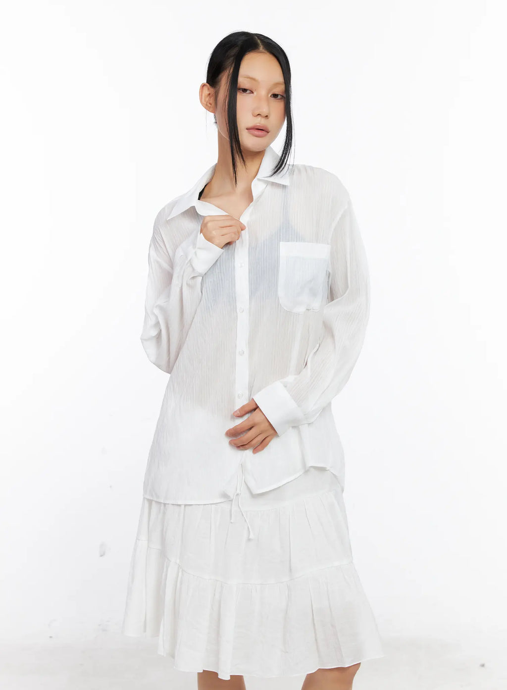 Sheer Long-Sleeve Button-Down Shirt CL529