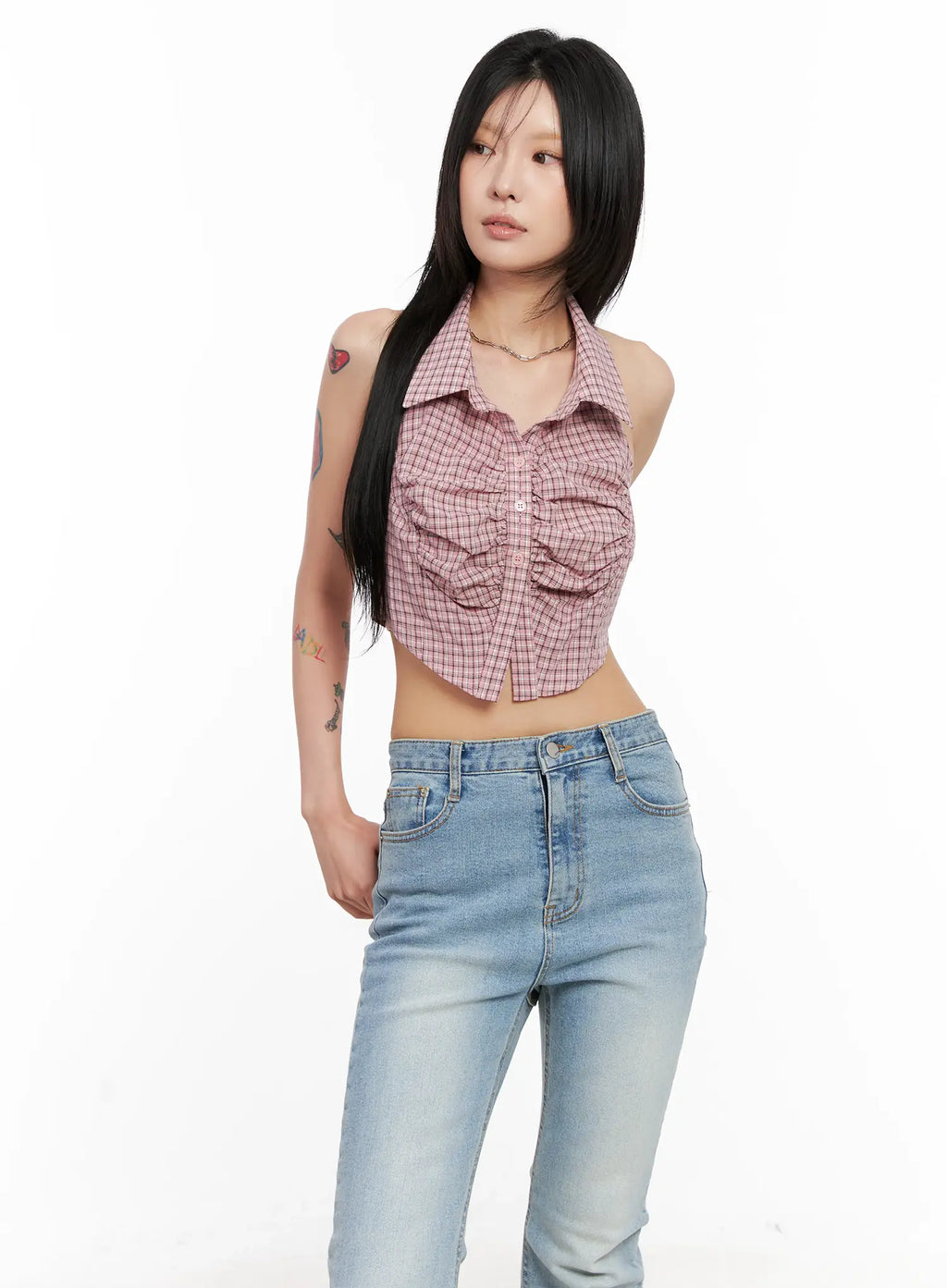 Gingham Sleeveless Halter Top CL525
