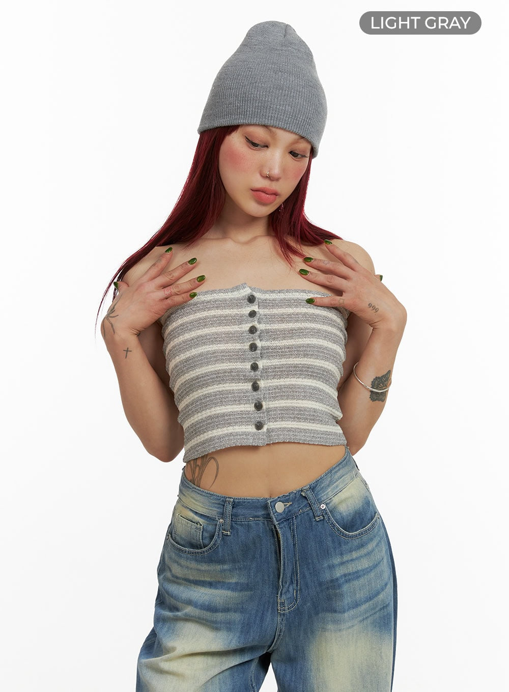Stripe Buttoned Tube Top CY429