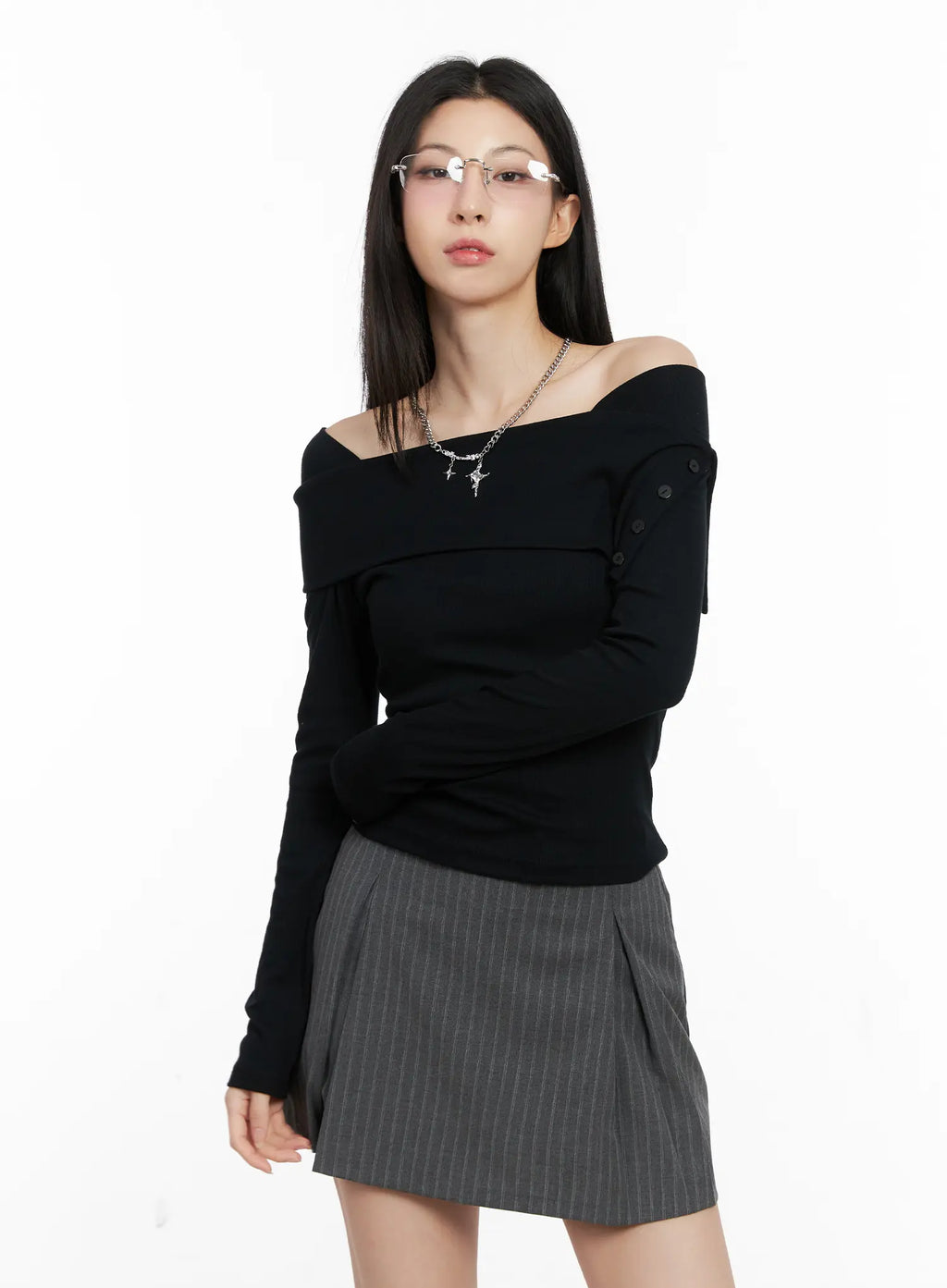 Buttoned Off-Shoulder Long Sleeve Top CG525