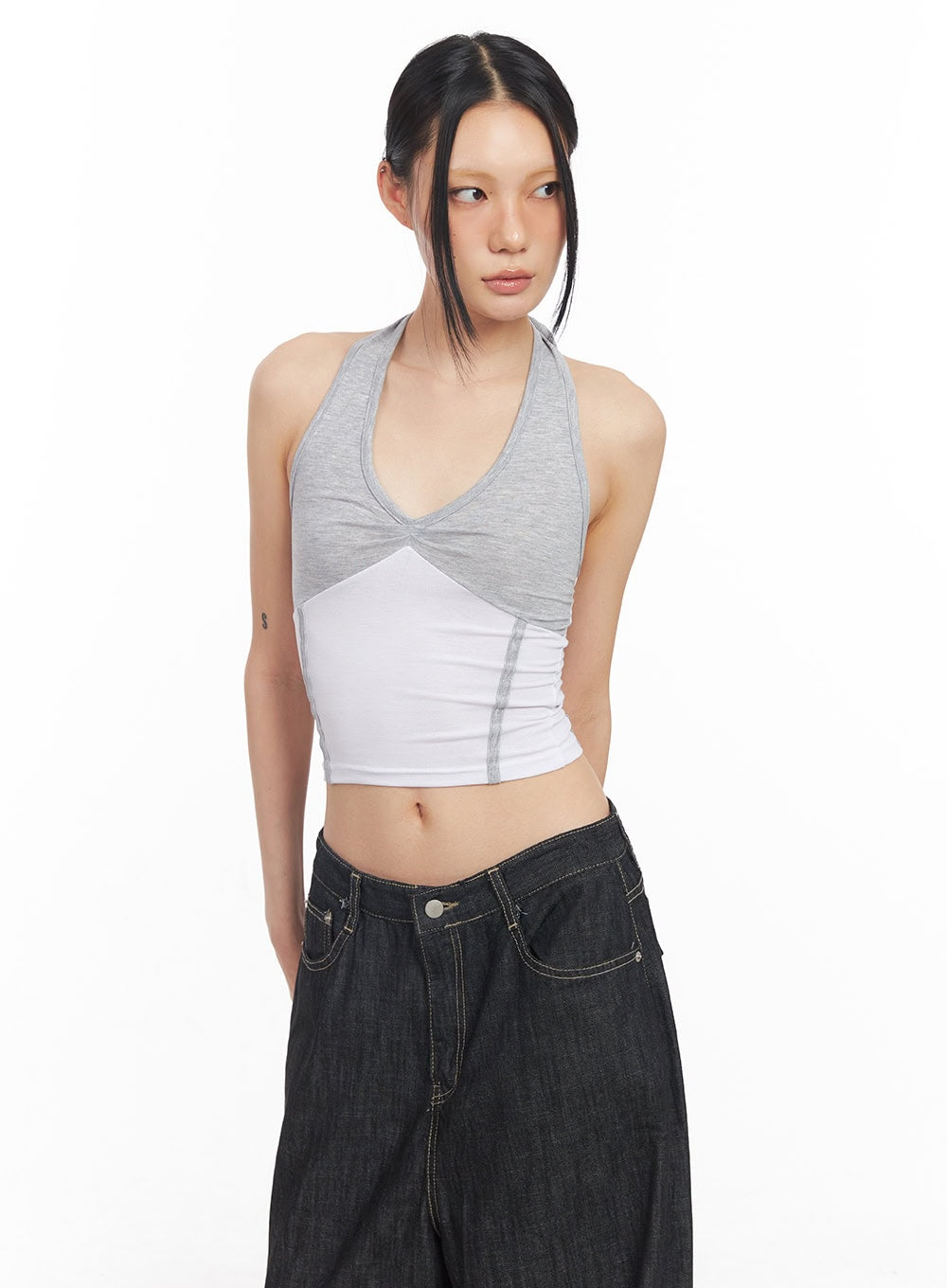 Shirred Halter V-Neck Crop Tank Top CY528