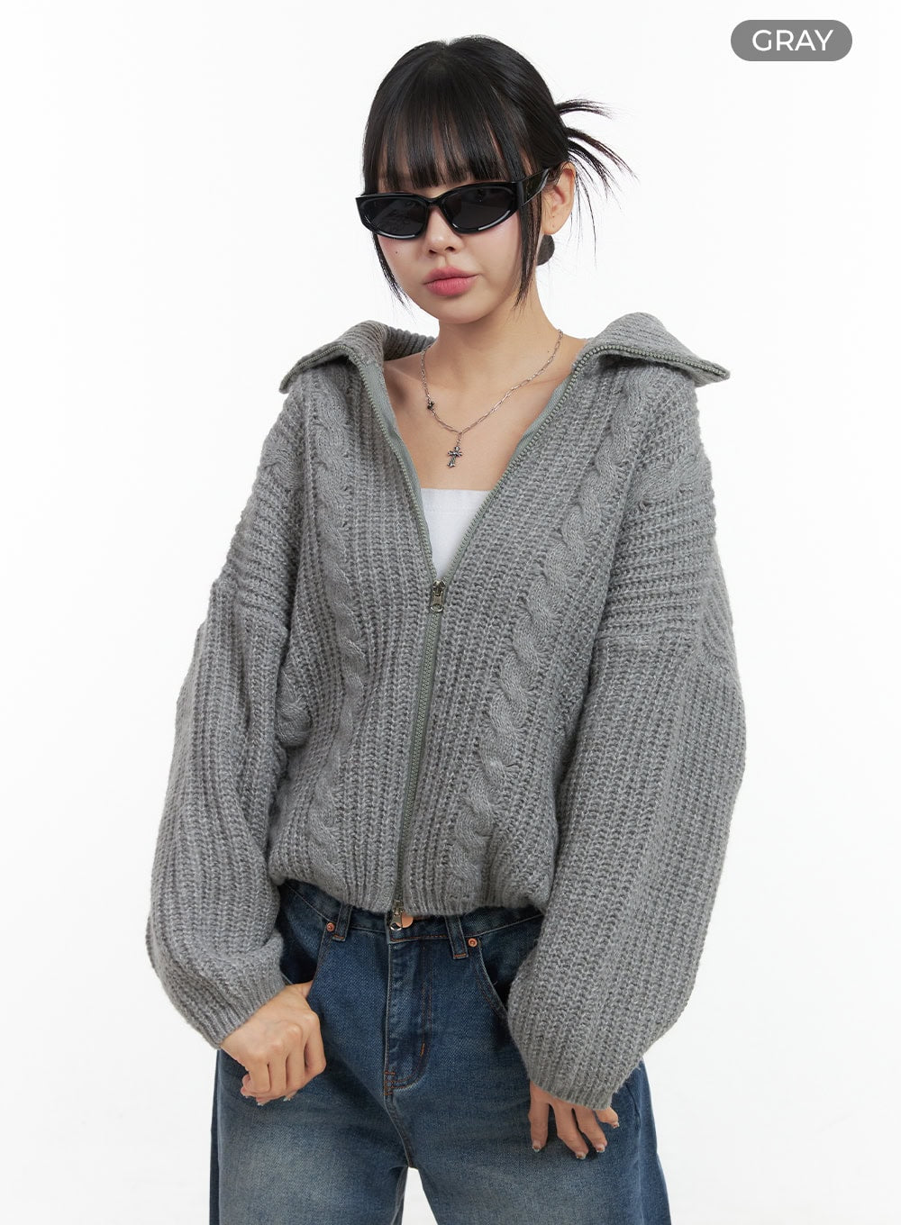 Oversized Cable Knit Zip-Up Sweater OS410