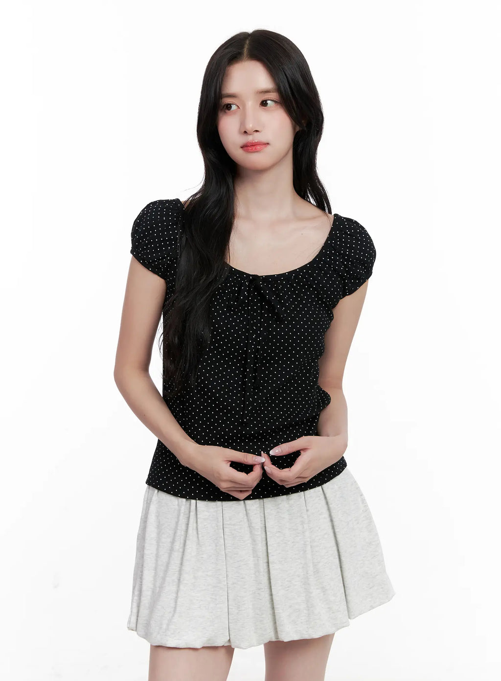 Polka Dot Puff-Sleeve Ribbon Top CL516