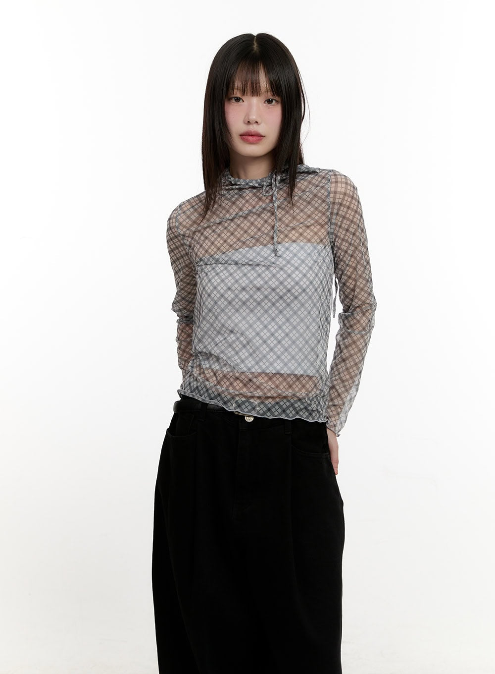 Slim-Fit Plaid Print Sheer Top CM514